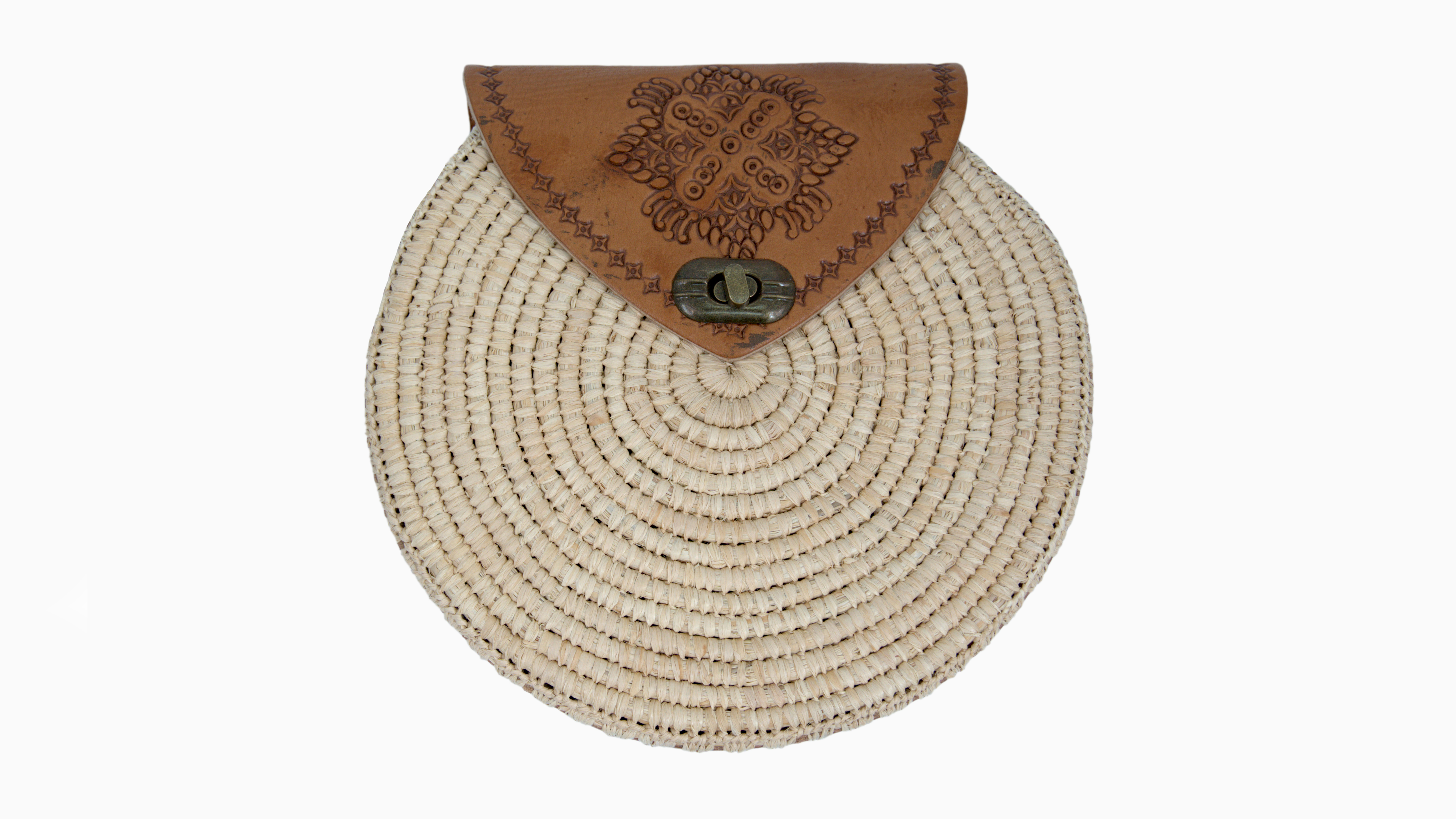 Sac rond en cuir et raphia pour femme